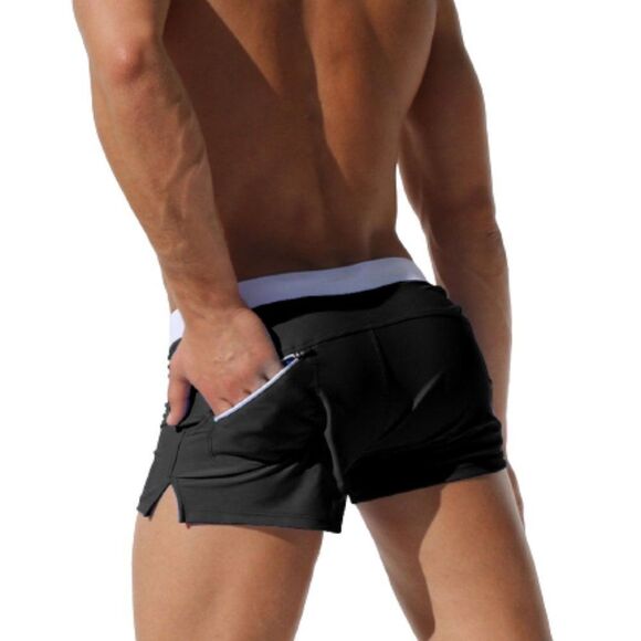 Men's Sexy Swim Trunks Back Pocket Resort Swimwear Black - Picture 3 of 3